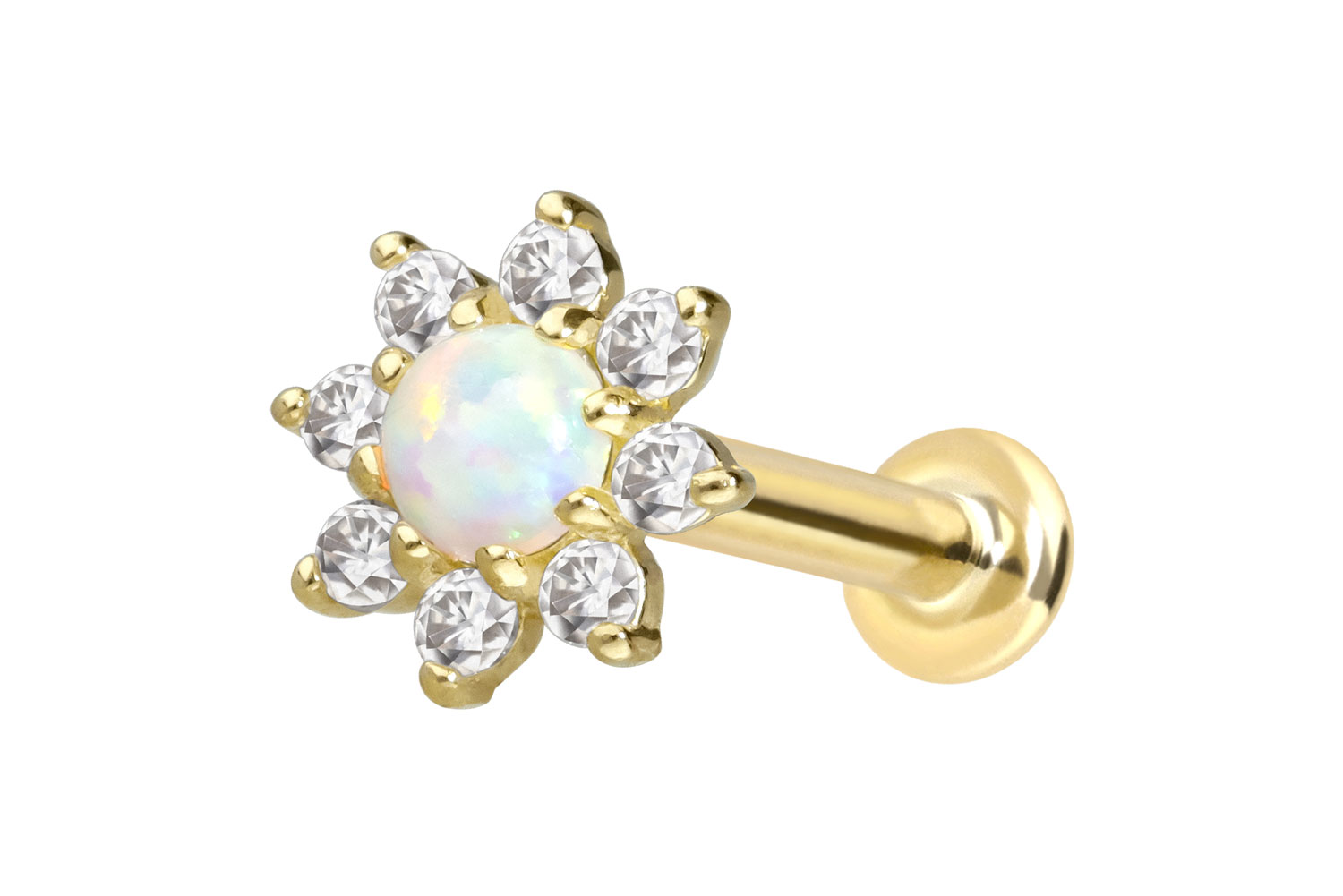 14 Karat Gold Labret Piercing mit Innengewinde MOISSANIT-BLUME + SYNTHETISCHER OPAL